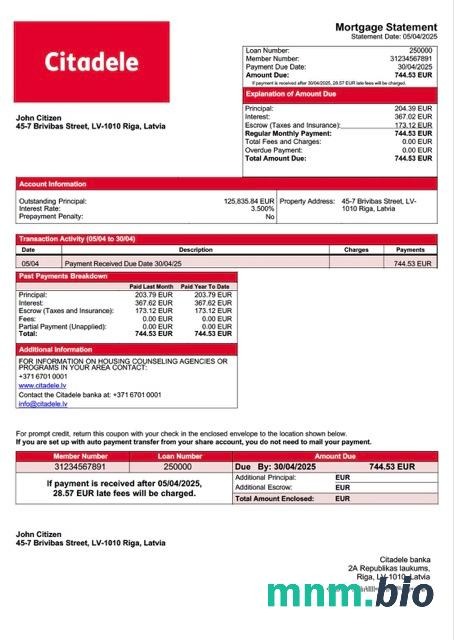 Łotwa Citadele banka wyciąg z kredytu hipotecznego szablon Word i PDF